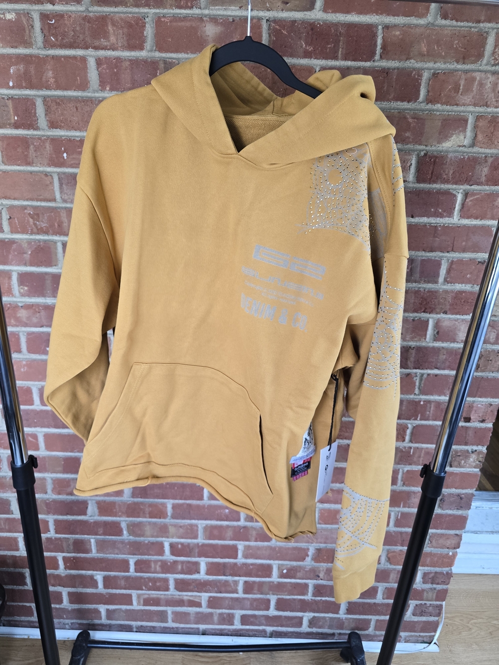 Gunzini Mustard Yellow Hooded Sweatshirt with Rhinestone Detail